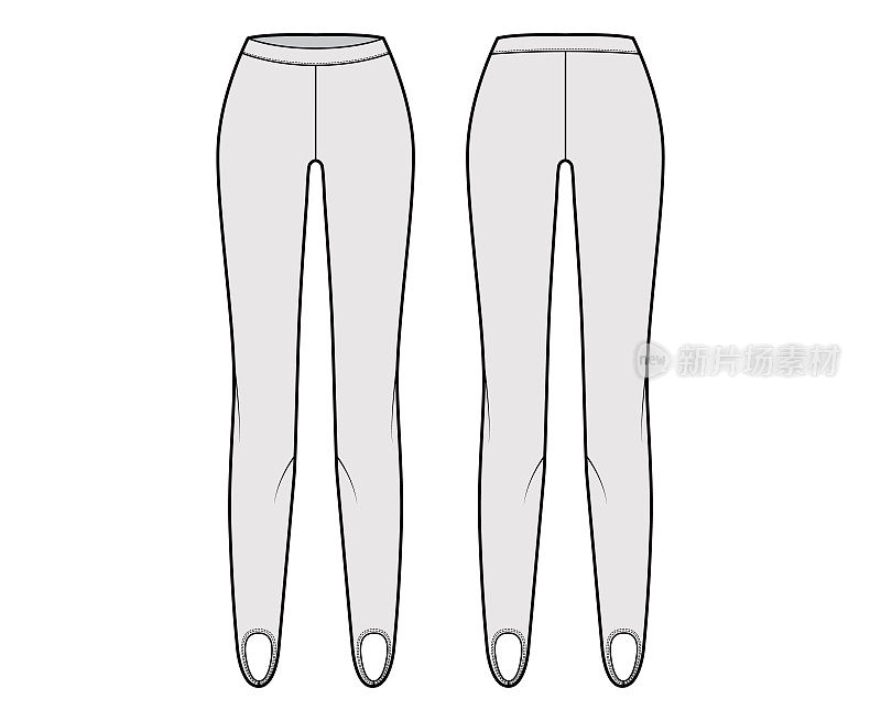 Stirrup Pants knit technical fashion illustration with low waist, rise, full length. Flat sport training bottom trousers